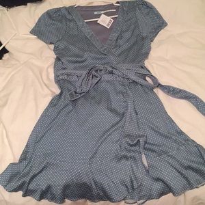 Baby blue polka dot wrap dress